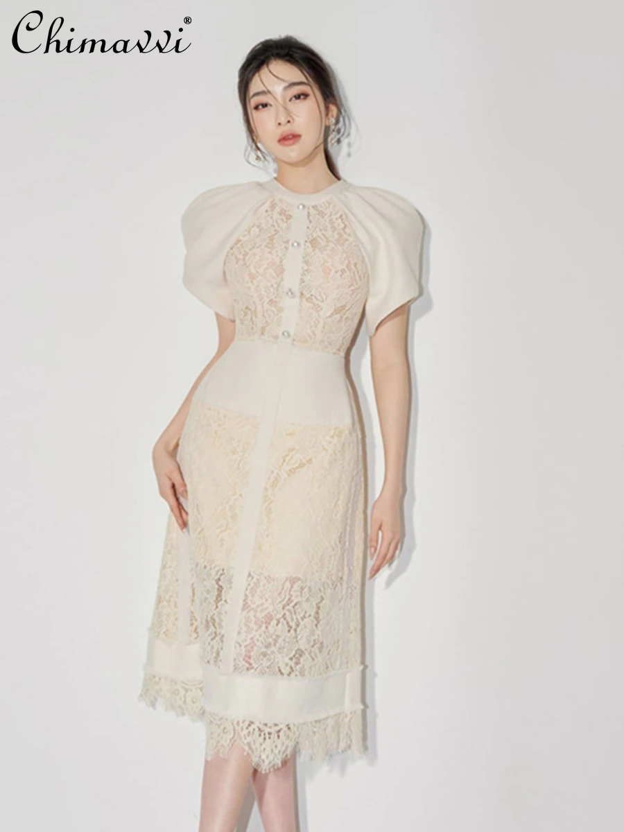 

Ladies 2024 Summer Clothes New Fashion Lace Stitching Commuter Dress High Waist Slim-fit Elegant Women's Mid-length Dresses