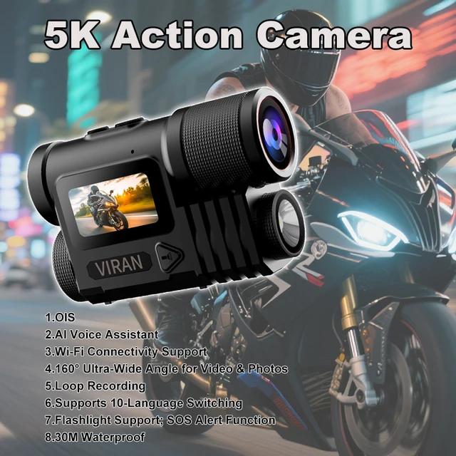 Action Camera 5K 30M Waterproof WiFi AI Voice Assistant with 128G Memory Card EIS Action Sport Cam Bicycle Helmet Motorcycles