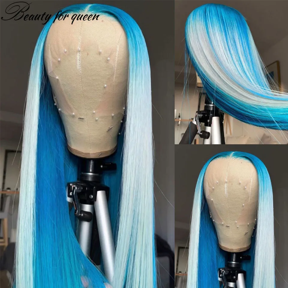For Women Blue 150Density Brazilian Pre Plucked Transparent Lace Frontal Wigs Beauty Ombre Straight Lace Front Human Hair Wigs - Image 5