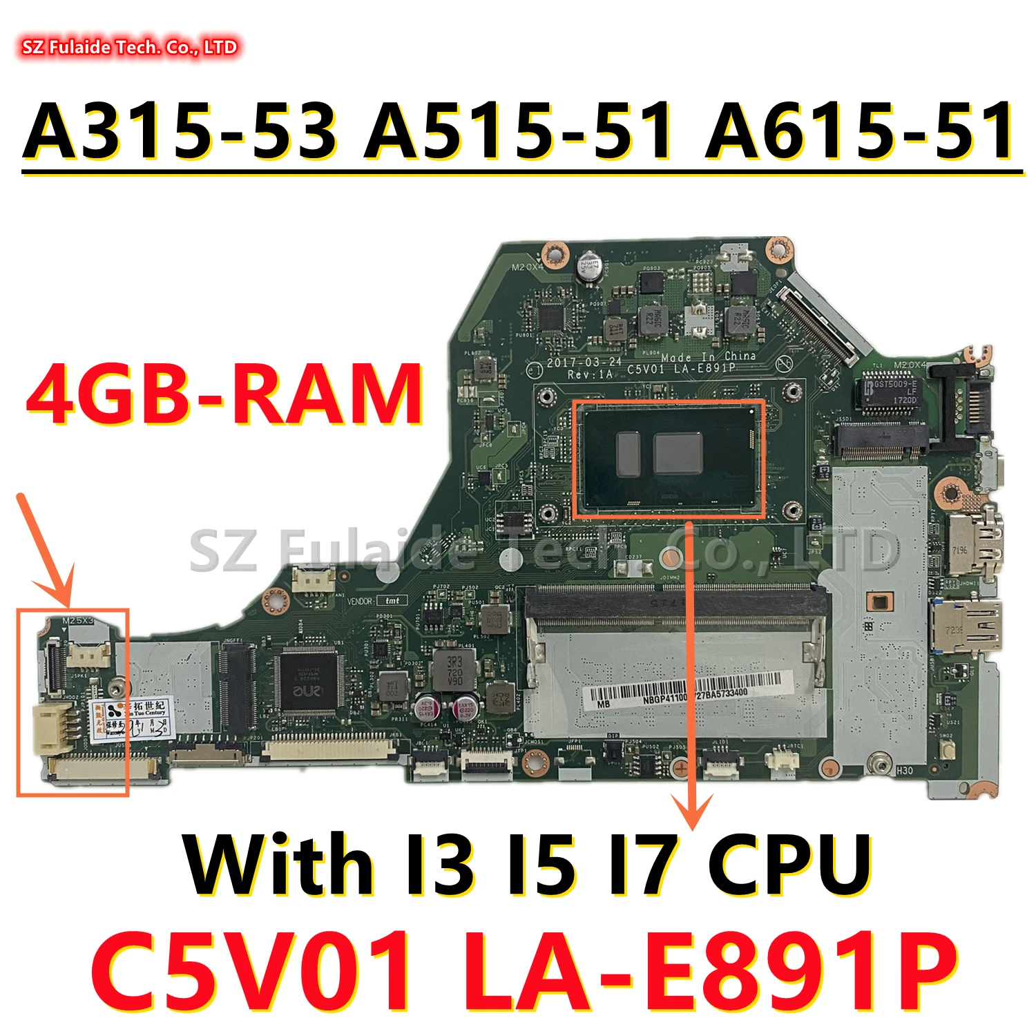 

C5V01 LA-E891P For Acer Aspire A315-53 A515-51 A615-51 Laptop Motherboard With I3 I5 I7 6/7th Gen CPU 4GB-RAM NBGP411003 DDR4