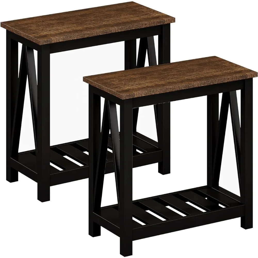 

Farmhouse End Table, Rustic Vintage Narrow End Side Table with Storage Shelf for Small Spaces, Nightstand Sofa Black 2 Pack
