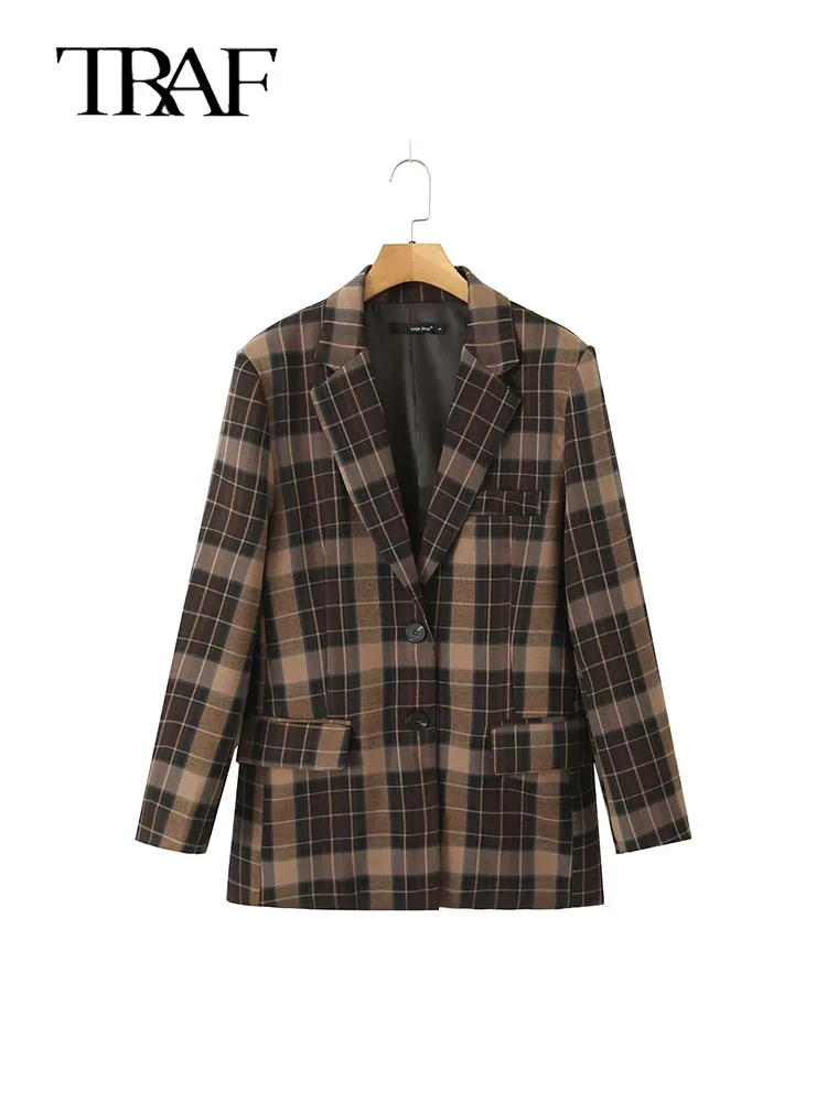 

TRAF Women Plaid Lapel Blazer Coat 2023 Autumn Female Vintage Double Breasted Long Sleeve Pockets Coat