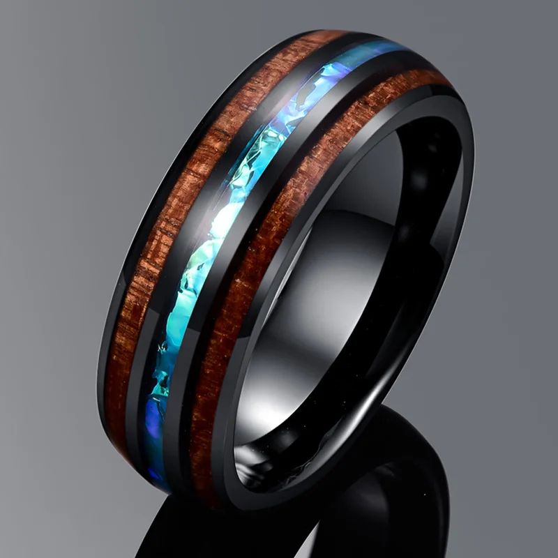Boho 8Mm Cupola Nera Intarsiata Acacia Opale Uomo Donna Matrimonio Anello In Acciaio Al Tungsteno Anello Di Promessa Gioielli