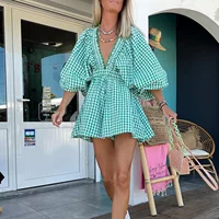 Combhasaki Womens Y2K Deep V-Neck Rompers Solid Color/Plaid Bubble Puff Sleeve Summer High Waist Short Flare Jumpsuits Playsuits - Image 3