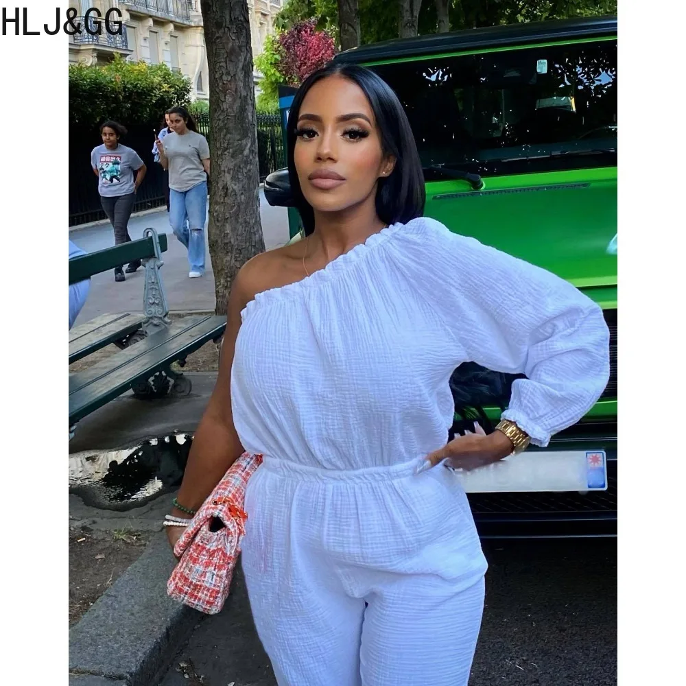 HLJ&GG Casual Solid Color One Shoulder Jumpsuits Women Long Sleeve Elastic Waist Jogger Pants Playsuits Autumn Female Overalls