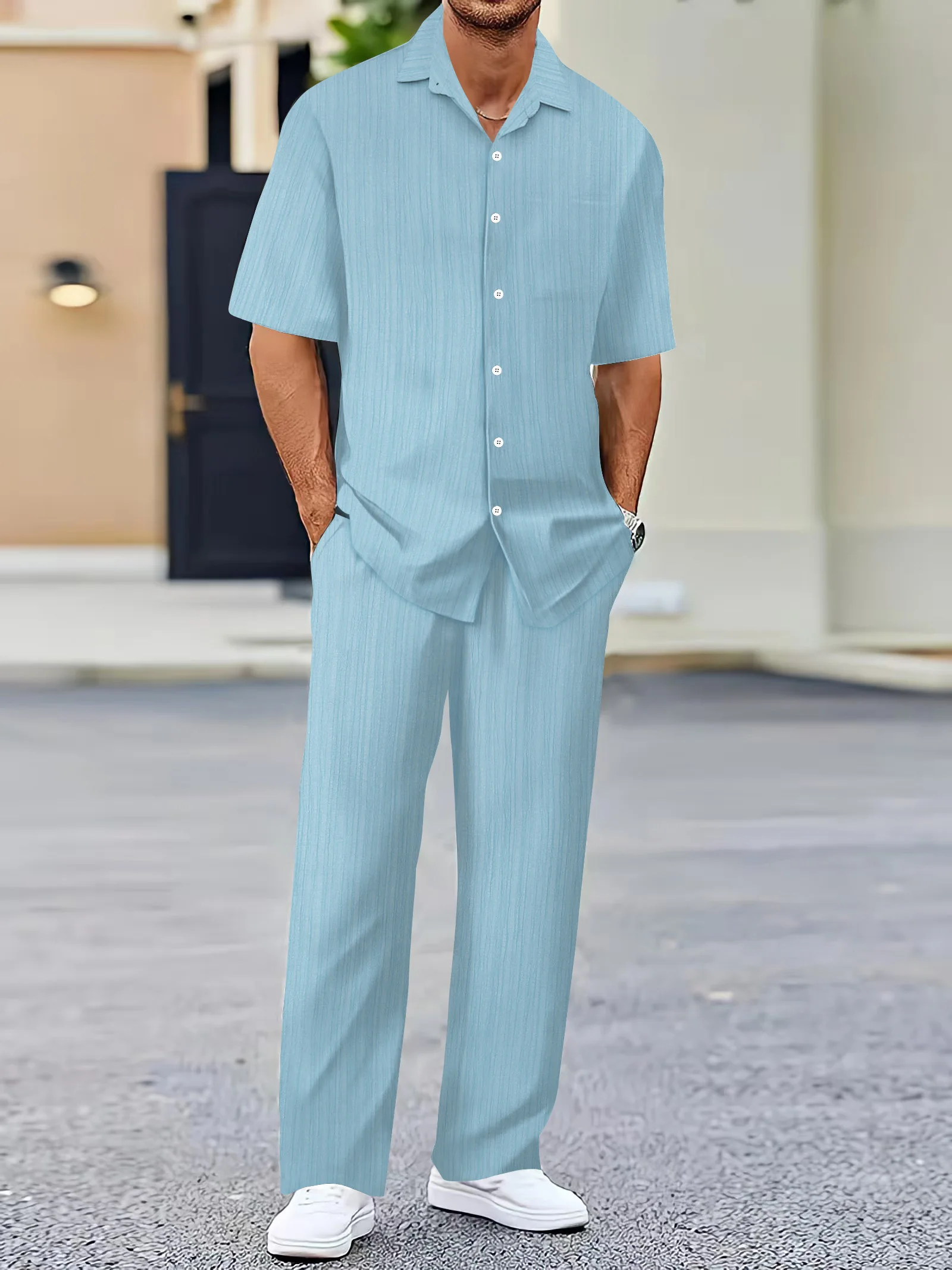 European and American men's shirt set solid color vertical strip lapel short-sleeved casual pants home daily beach set 5