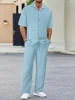 European and American men's shirt set solid color vertical strip lapel short-sleeved casual pants home daily beach set 5