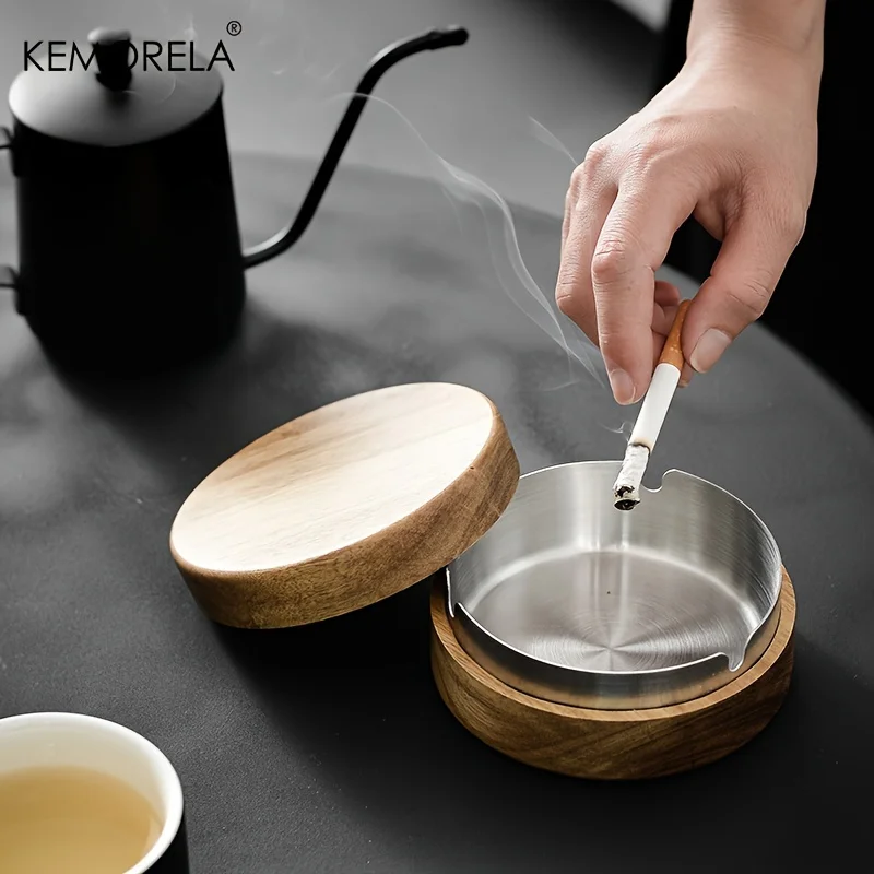 Acacia Wood Desktop Ashtray With Lid Stainless Steel Windproof Ash Tray For Bar Office Home Decoration Smoking Accessories stainless steel ashtray,metal ashtray,wood ashtray