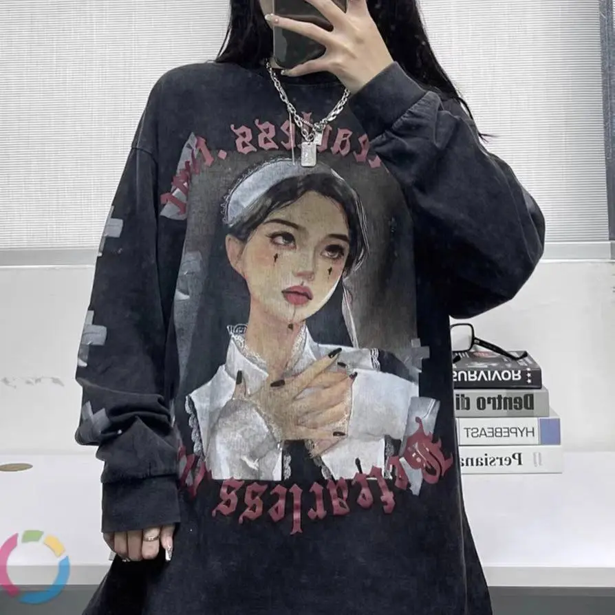 

Long-sleeved Casual Punk Style Women's Print Top Gothic Skull Deep Black 2022 Loose Ulzzang Fashion Women's Sweatshirt XC030