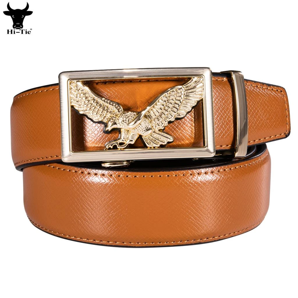 Hi Tie cinturones cuero naranja para hombre, automática de águila dorada, cinturón de trinquete para vaquero, vestido de estudiante, Jeans, boda|Cinturones de hombre| - AliExpress