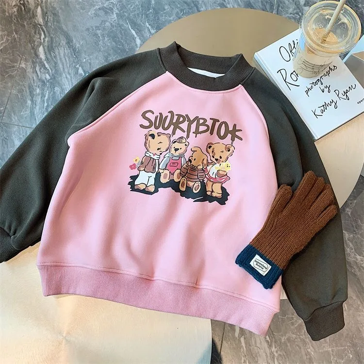 Girls' Spring Autumn Sweatshirts Kids Sports Pullover O-neck Long Sleeve Top Loose Causal Cartoon Bear Printing Clothing
