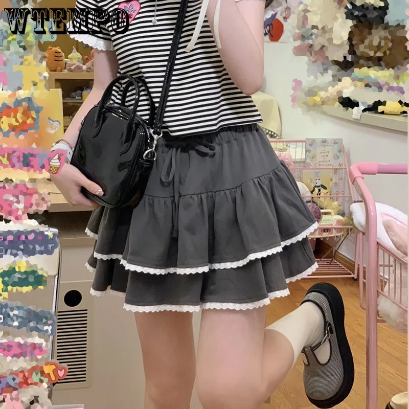 

Sweet Lace High Waist A-line Cake Skirt Women's Puffy Skirt Shirring Elastic Waist Preppy Style Korean Fashion Japanese Cute