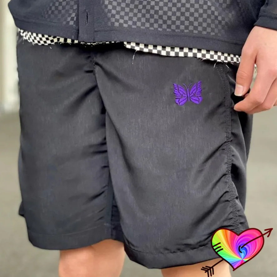 

2022 Black Needles Nylon Shorts Men Women Purple Butterfly Logo 1:1 Needles Shorts High Street Mesh AWGE Breeches