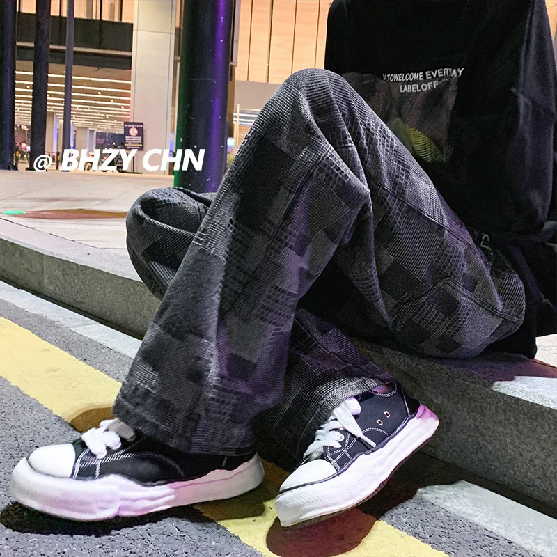 American Oversize Plaid Pants High Street Ins Fashion Spring Premium Design Denim Men's Straight Leg Wide Leg Pants Y2k Pants