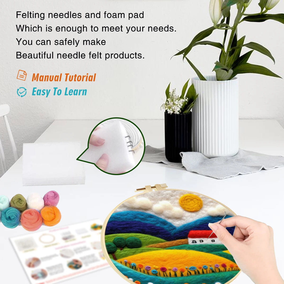 DIY Wool Felting Painting Kit With Frame House Landscape 20x20cm Needle Felting Kit Starter Set For Home Decors Crafts Gift