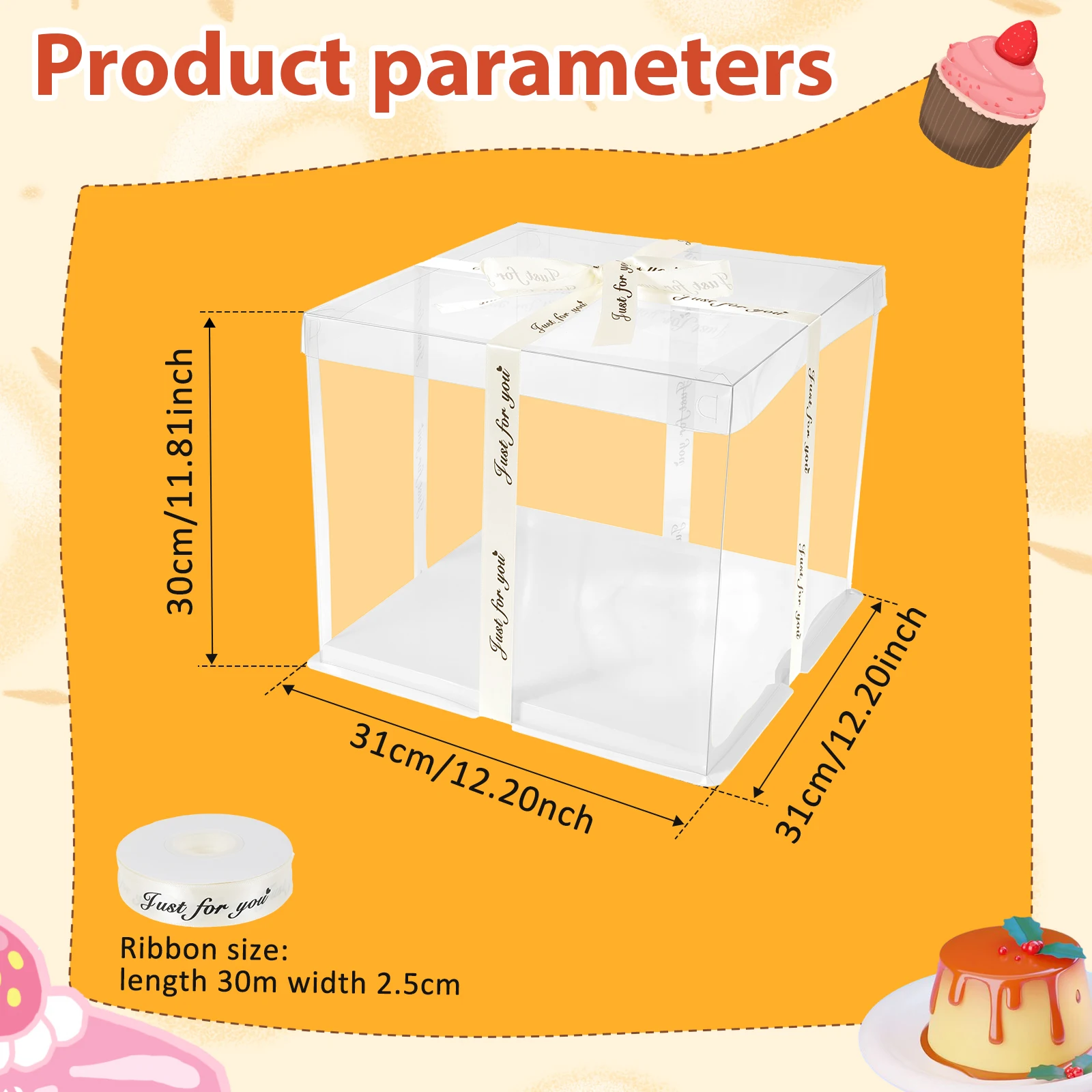 2Pcs Cake Packaging Boxes Wirh Ribbon 12in Transparent Cake Boxes with Base Clear Cake Carrier Transport Container Gift Boxes