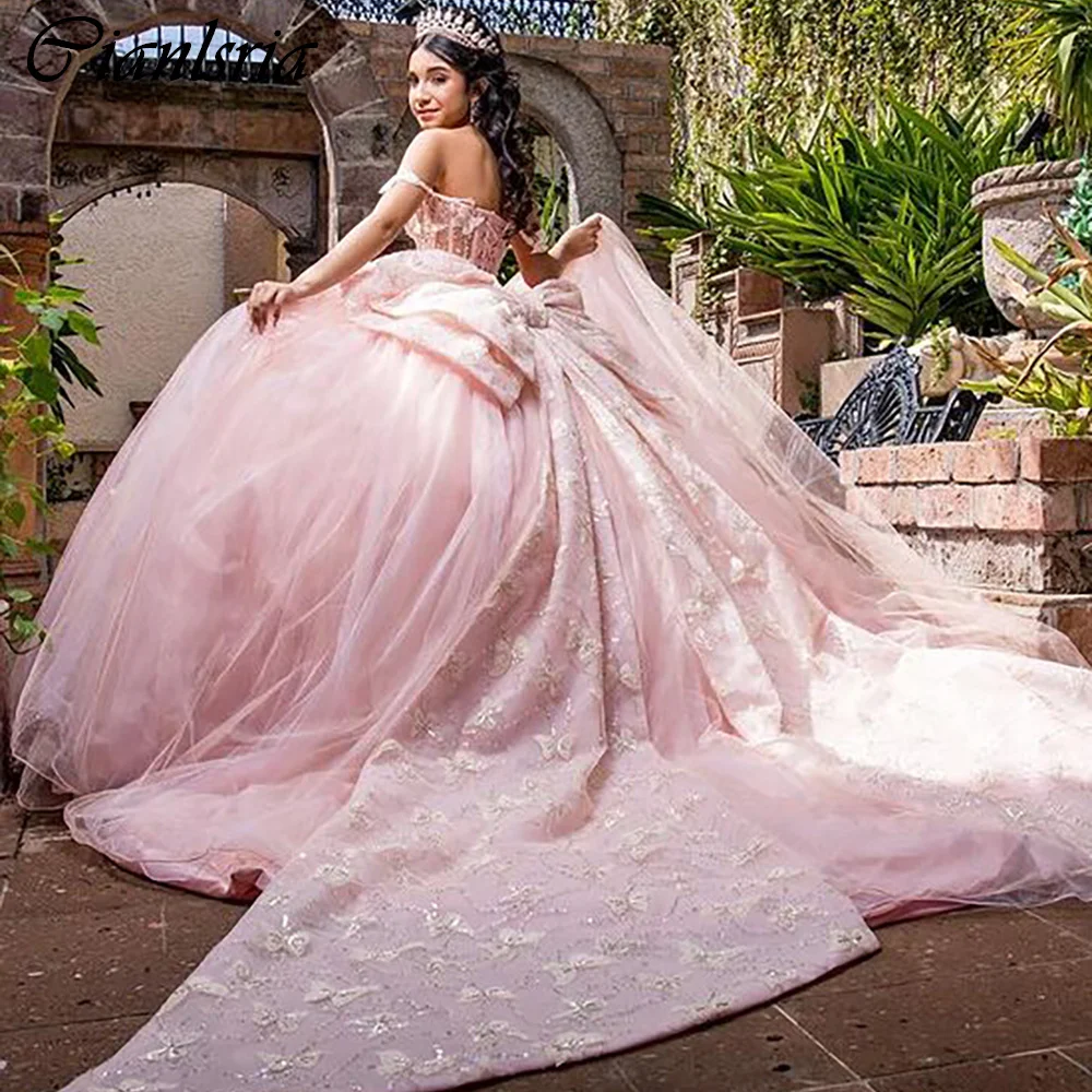Pink Off The Shoulder 3D Butterfly Bow Ball Gown Quinceanera