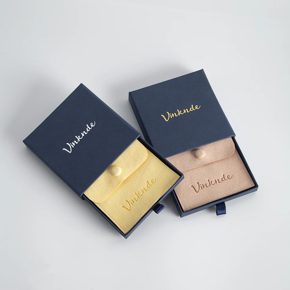 Navy Blue 9x9x1.7cm Paper Cardboard Drawer Jewelry Packaging Box Inside with 8x8cm Microfiber Snap Button DIY Birthday Gift Bag