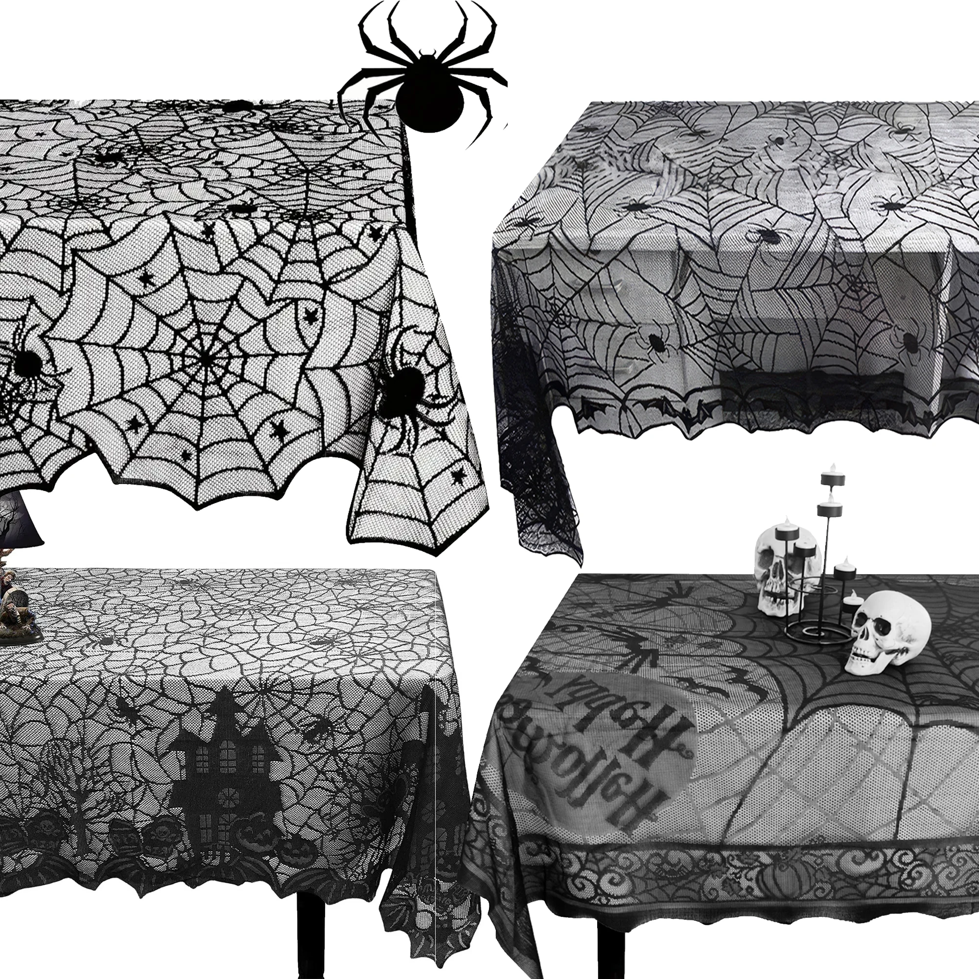 Table Cloth Halloween Lace Table Runner Black Spider Web Tablecloth Fireplace Cover Mantel Halloween Decoration Home Party Cloth Cover