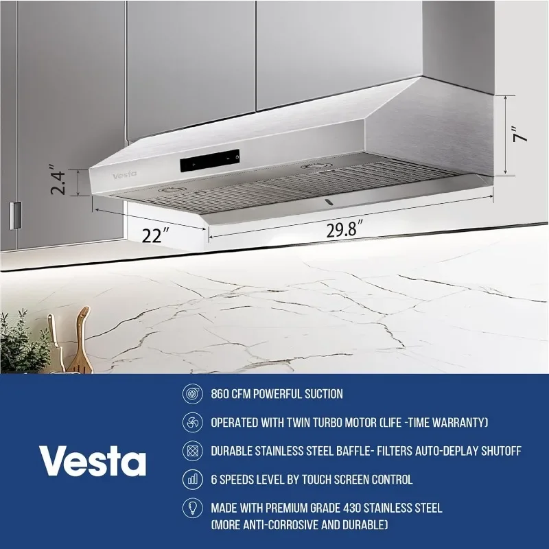 Vesta Atlanta 860CFM 30'' Stainless Steel Range Hood With Dual Motor, Auto Delay Shutoff, Contemporary Design, Pro Performance 3