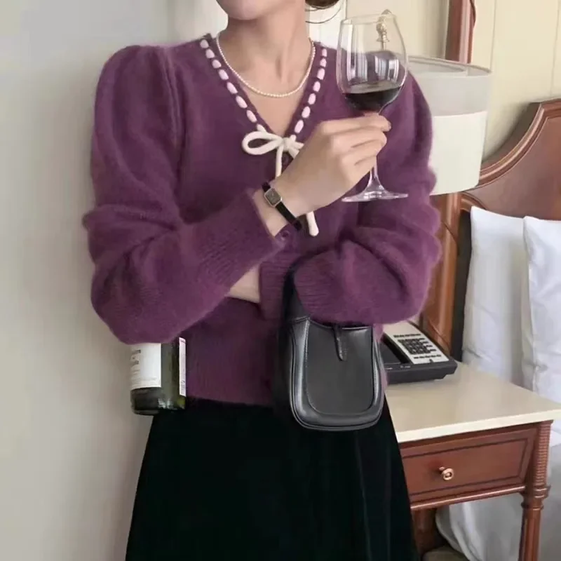 Spring and Autumn Sweet Small Fragrant Style Bow Tie V-Neck Loose Versatile Long Sleeve Knitted Cardigan Sweater