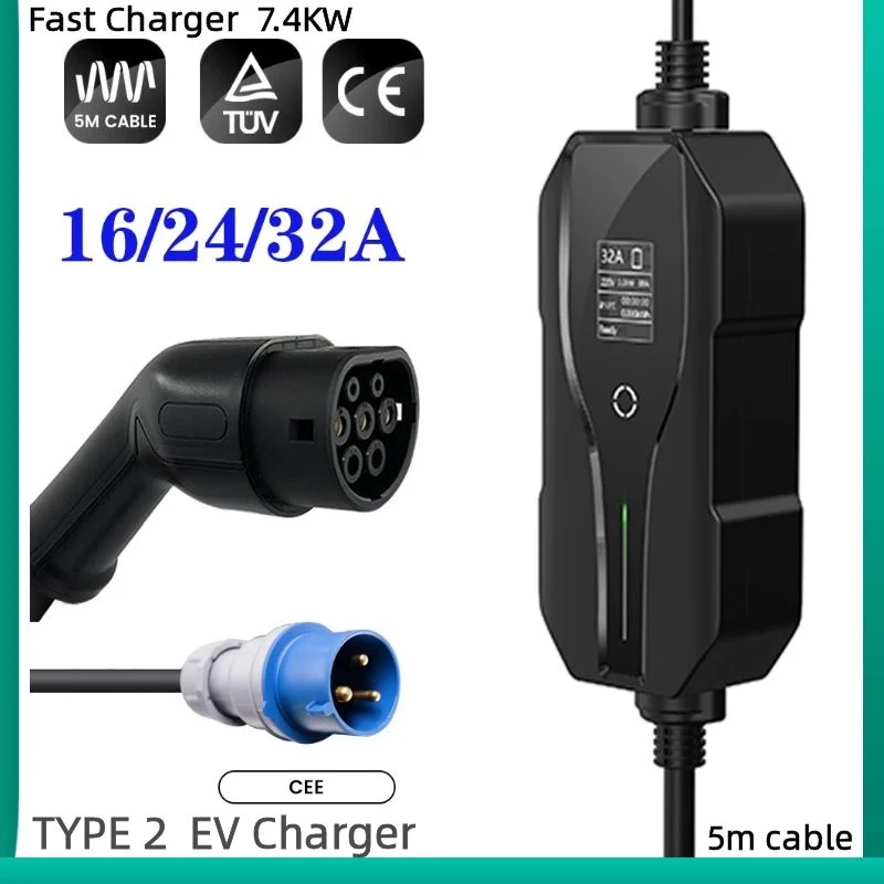 

Type 2 Portable EV Charging Level 2, Electric Vehicle Charger Type 2 IEC 62196-2, 32A 7.4KW CEE Plug EVSE Car Charging 5M Cable