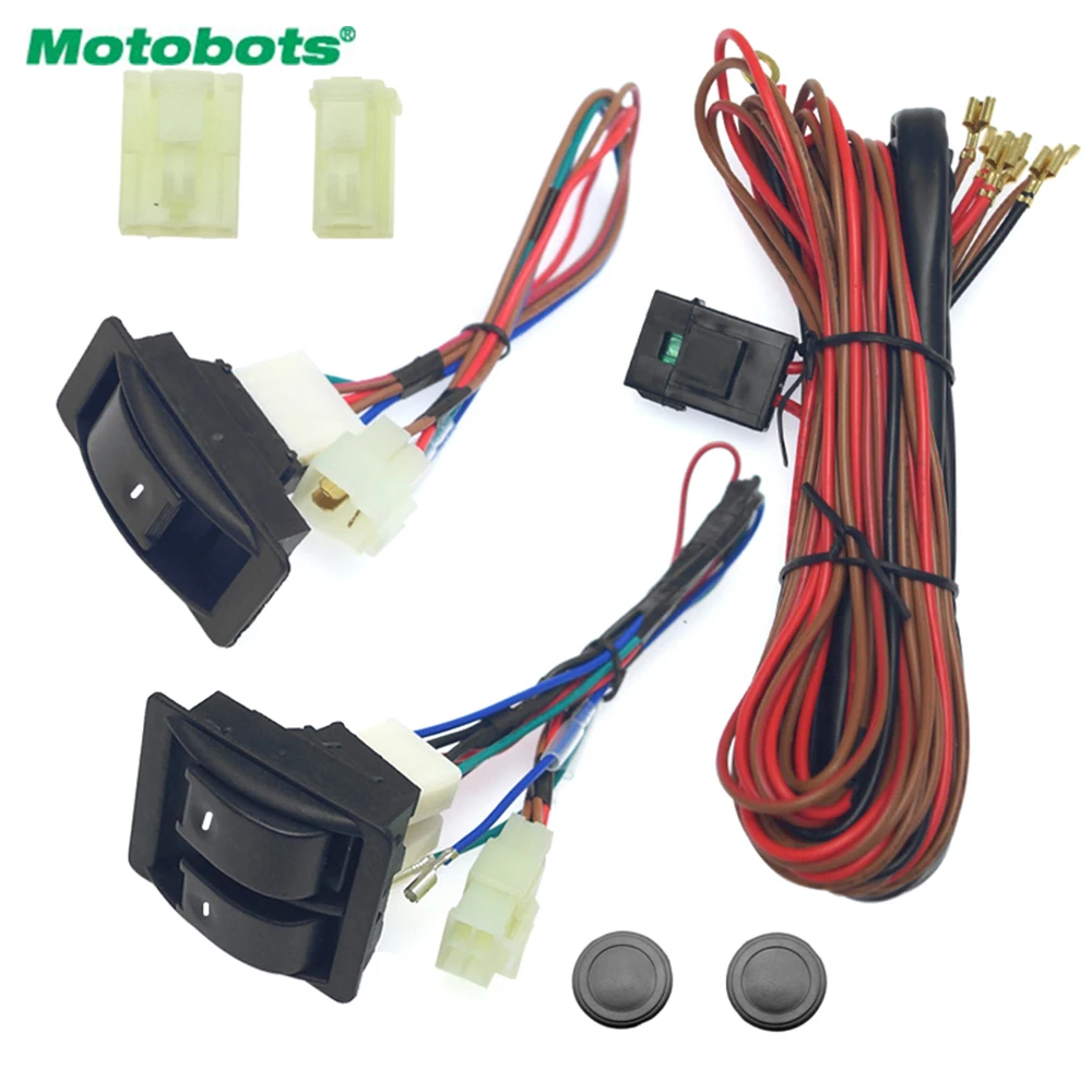 

MOTOBOTS Universal Car Front 2-Door Power Window 3pcs Switches & Holder Wire Harness With Illumination Green Light #HQ2843