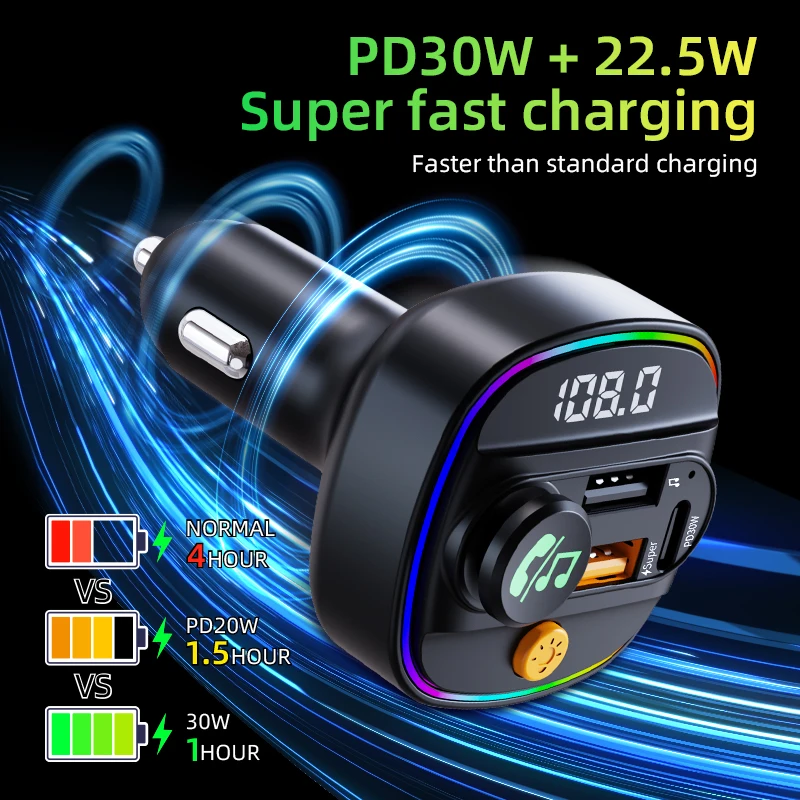Bluetooth 5.3 transmetteur FM mains libres voiture auxiliaire Radio modulateur lecteur MP3 avec 22.5w et adaptateur de charge rapide pd30w accessoires de voiture 2