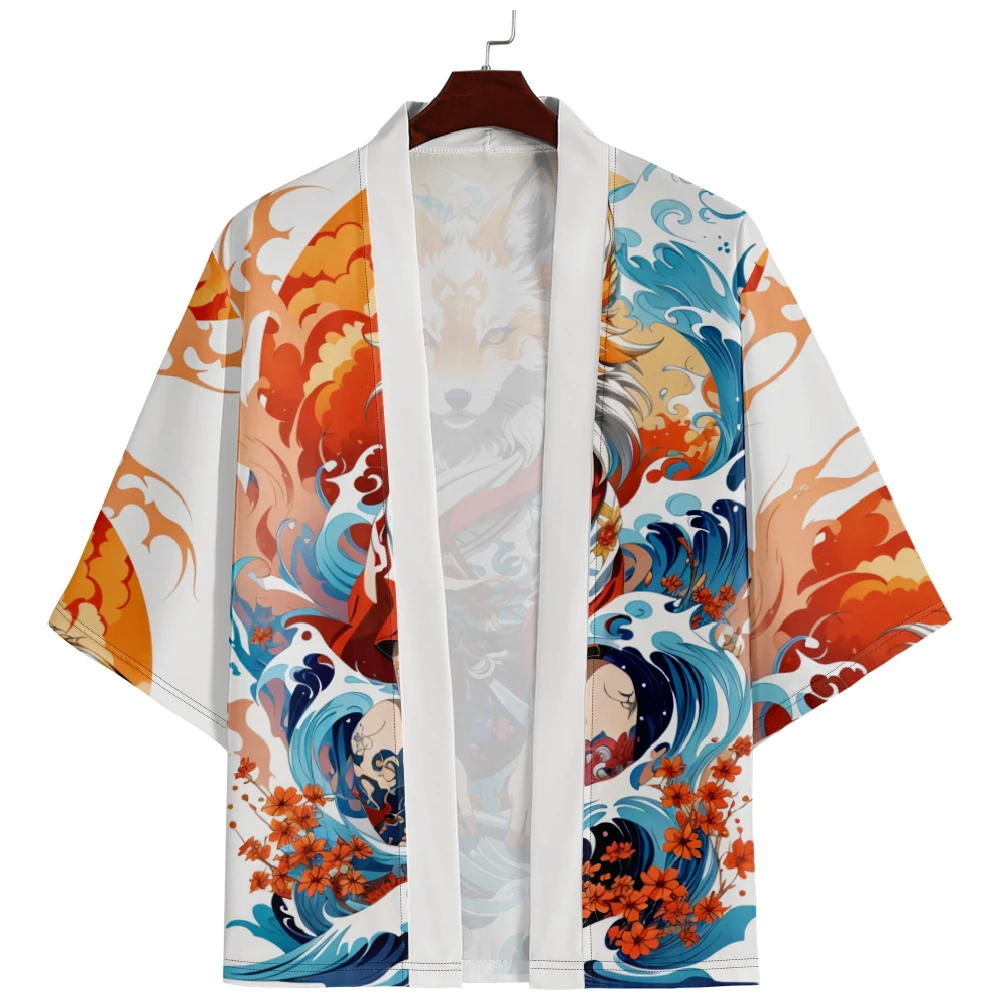Japanese Anime Fox Wave Print Samurai Kimono Harajuku Men Women Cardigan Haori Summer Beach Yukata Asian Clothing