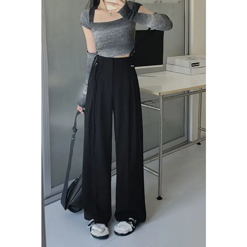 

Women's High-Quality Strap Suit Pants Fashion Korean Version Loose Slim Wide-Leg Pants High Waist Drape Straight Casual Pants