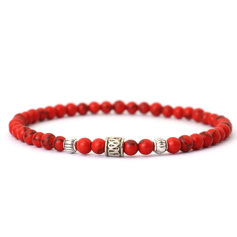 Men Viking Rice Beads Bracelet Natural Lava Tiger Eyes Red Howlite Stone