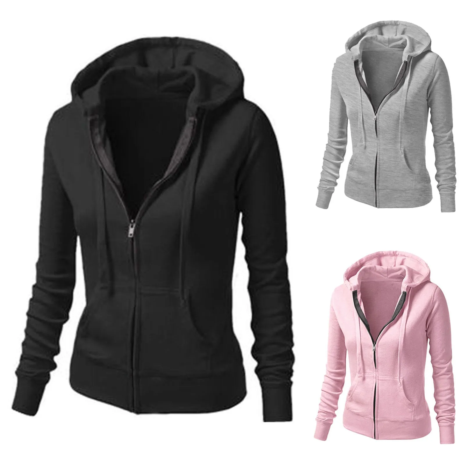 Hoodies Fashion Casual Woman Clothes Long Sleeve Pullover Sweatshirts Black Zip Hooded Sweatshirt Winter Jacket Top Oversized