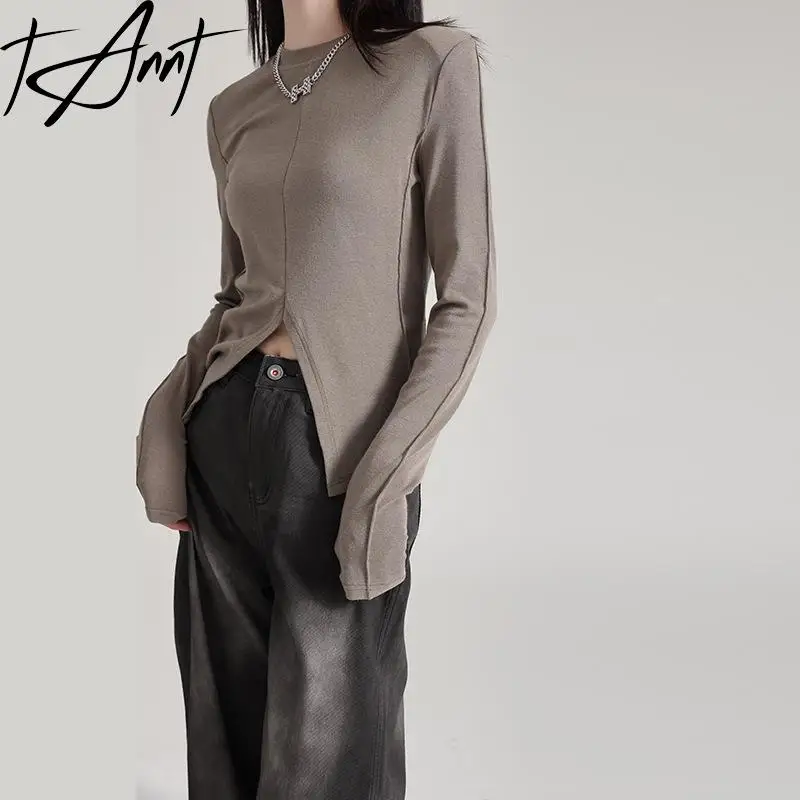 

Tannt Women T-shirt Irregular Split Long Sleeves Fashion T-shirt Tops Black White Gray Khaki Autumn And Winter Tops Women 2023