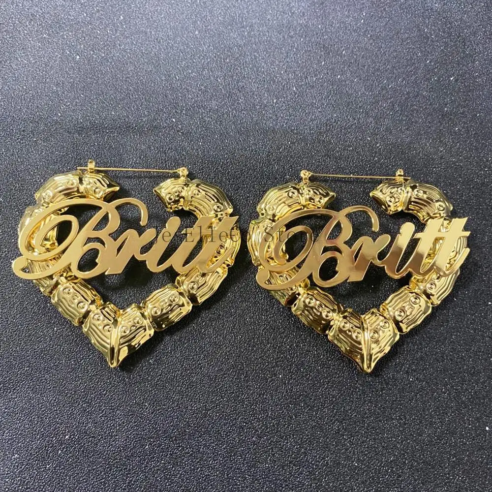 30-90 mm Custom Earrings Love shape Hiphop Sexy Bamboo Hoop Earrings Customizable Customize Name Earrings Bamboo Style
