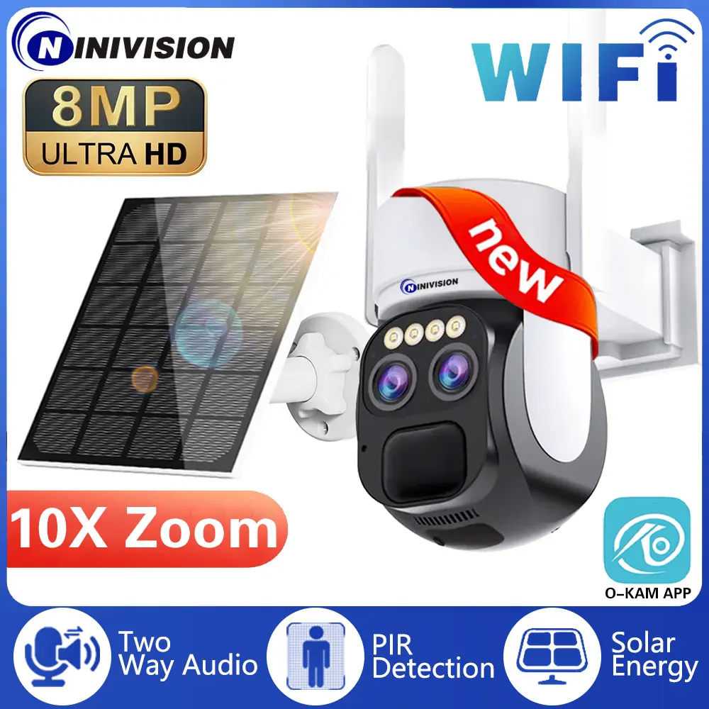8Mp 10X Ptz Zoom Solar Wifi Camera Security Dual Lens Camera Pir Human Detection Dual Lens Solar Zoom Camera Ip66 Weterproof Cam