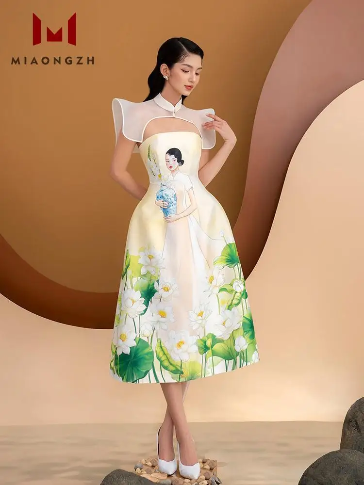 

2024 Summer For Women Vintage New In Dresses Sleeveless O Neck Print Fashion Patchwork Designers Slim Midi Elegant Party Dress