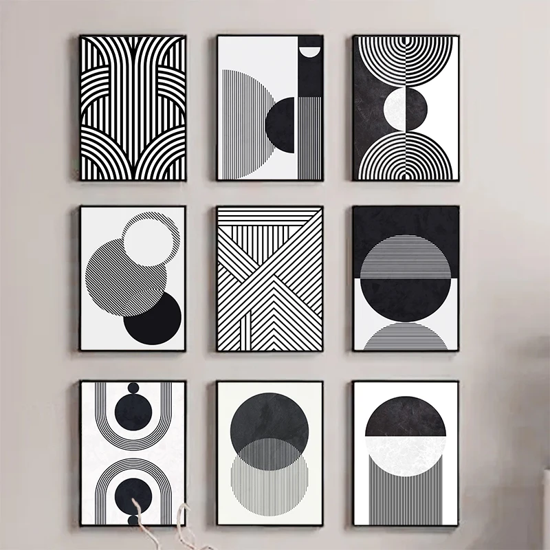 Poster su Tela con Linee e Cerchi in Bianco e Nero, Effetto Visuale per Decorazione Pareti di Soggiorno e Camera da Letto, Arredamento Moderno