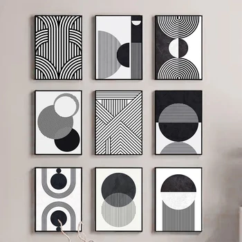 Poster su Tela con Linee e Cerchi in Bianco e Nero, Effetto Visuale per Decorazione Pareti di Soggiorno e Camera da Letto, Arredamento Moderno
