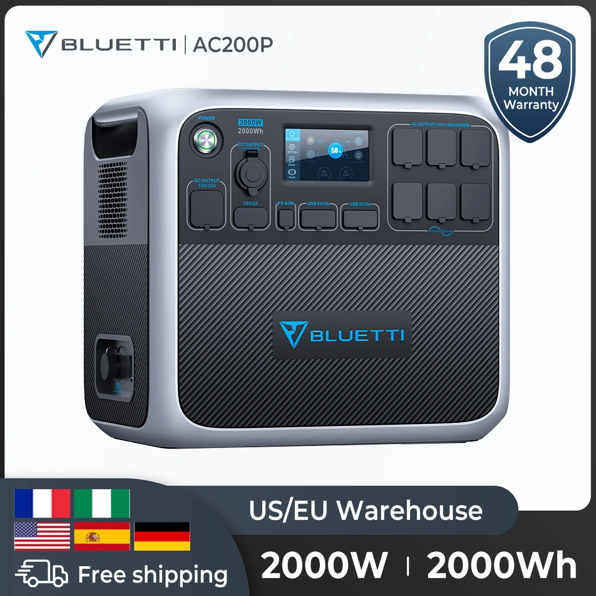 Bluetti Ac200P 2000Wh Centrale Elettrica Portatile 2000W Generatore Solare Surge 4800W Lifepo4 Batteria 3500 + Cicli Energia Solare Campeggio