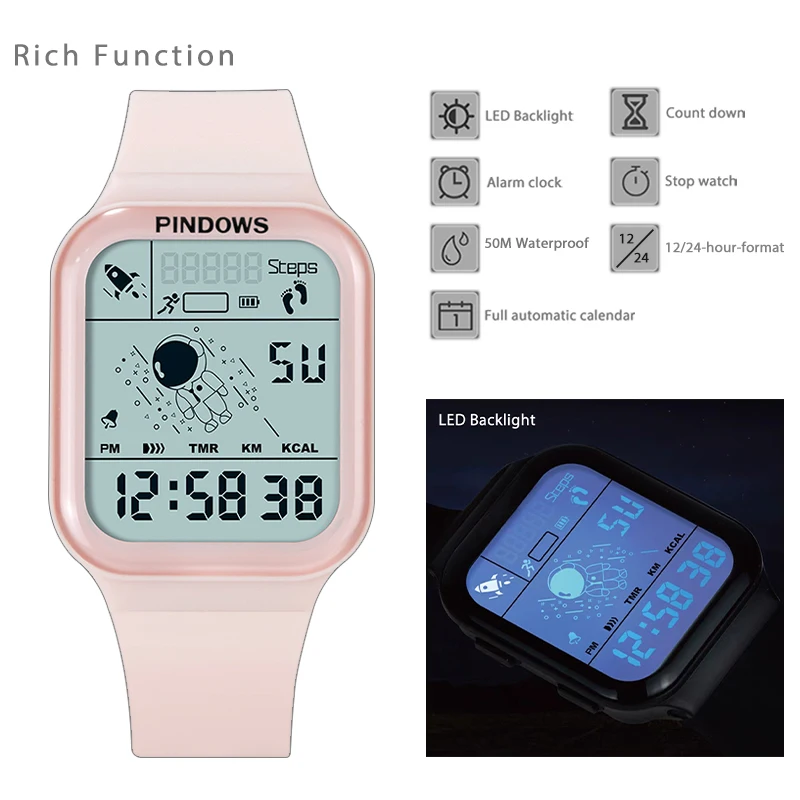 Multifunctional Digital Watches Ladies Luminous Electronic Hand Clock Girl Fashion Original Rectangle Women Wristwatches Black
