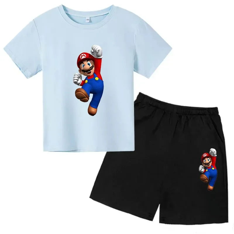 thumbnail image 1 of Conjunto de 2 piezas de camiseta y pantalones cortos de Mario de manga corta de verano para niños y niñas de 3 a 12 años, conjunto deportivo informal para niños, 1 of 4