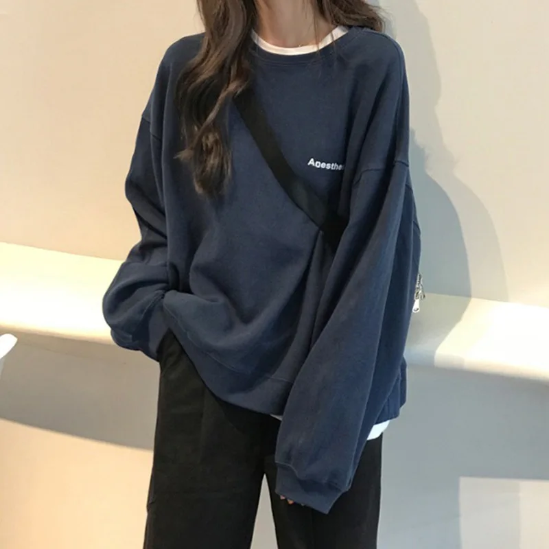 

New Kpop Y2k Letter Hoody Fashion Korean Thin Chic Women'S Sweatshirts Cool Navy Slimming Long Sleeve Hoodie Blue Gray For Women