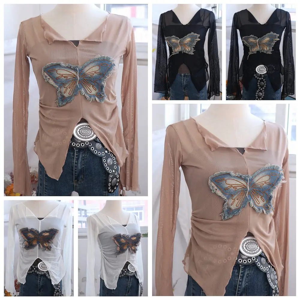V-neck Mesh Sheer T Shirts American Retro Long Sleeves Butterfly Patchwork Tops Irregular Streetwear Shirts for Women