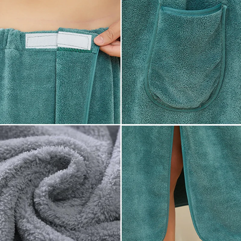 Men's Shower Towel With Safety and Pocket Quick Drying Water Absorption Bath Skirt Microfiber Buckle Towel Large Bathrobe