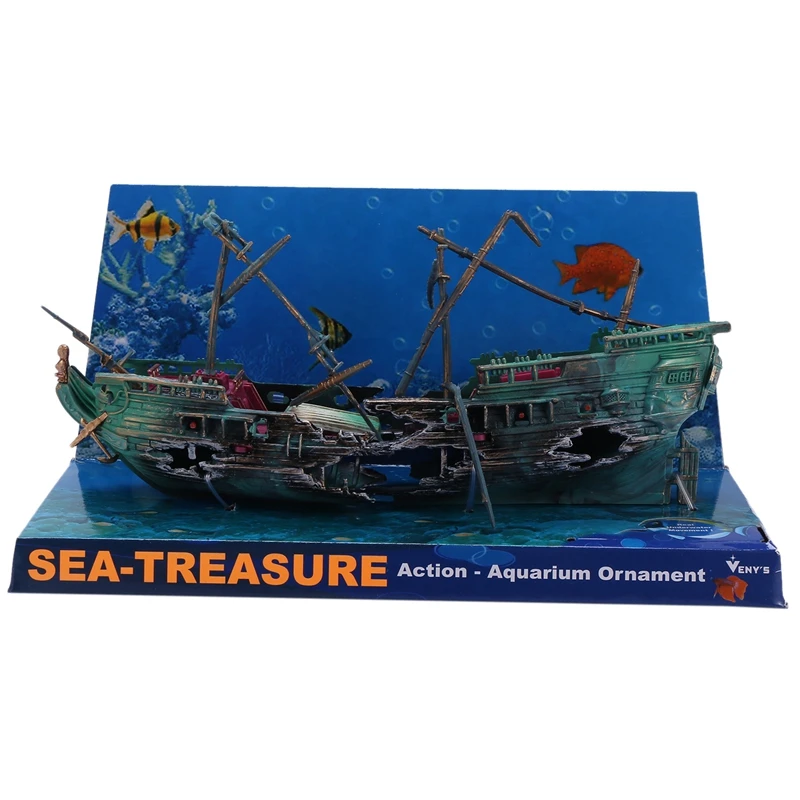 Large Aquarium Decoration Boat Plactic Aquarium Ship Air Split Shipwreck Fish Tank Decor C