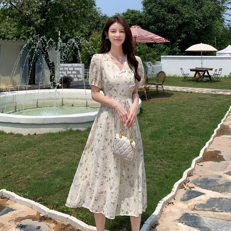 Summer New Chinese Style Midi Dresses for Women Floral Printed V-neck Puff Sleeve A-line Casual Elegant Dress One Piece Vestido