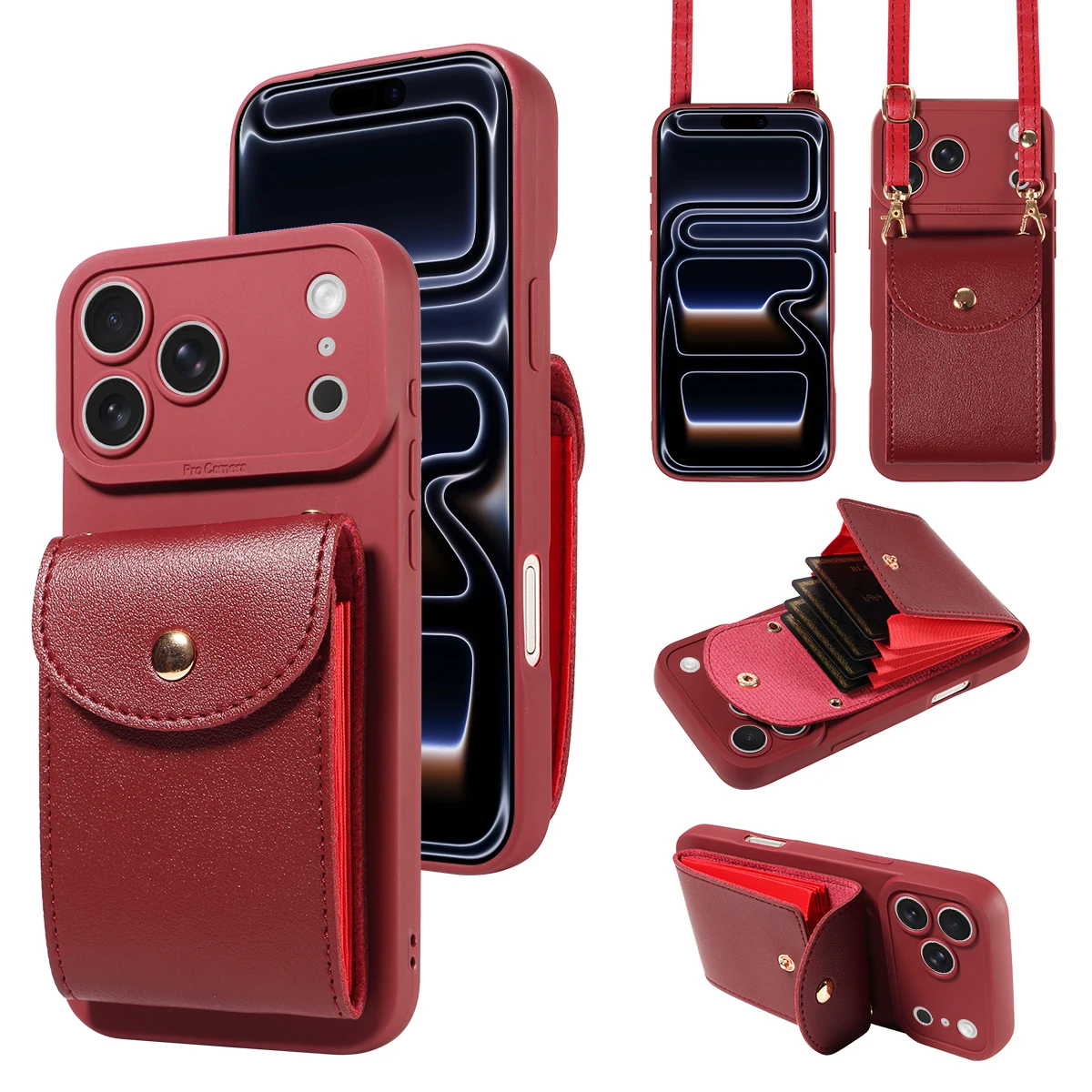 Elegant Faux Leather Phone Case with Lanyard, Card Slot & Shockproof Protection