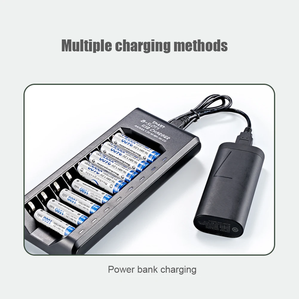 Rechargeable Battery Charger USB Output 8 Slots Fast Charging Short Circuit Protection for 1.2V NiMH AAA/AA Batteries Charger