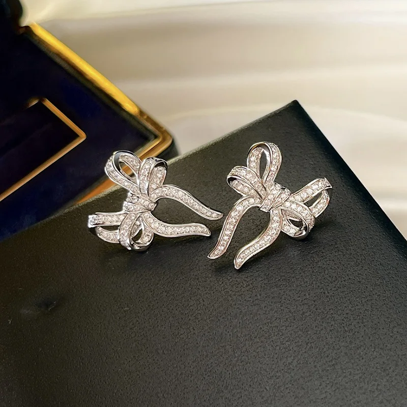 

High Quality 925 Sterling Silver Ribbon Bow AAA Zircon Studs Earrings For Women Luxury Fine Jewelry