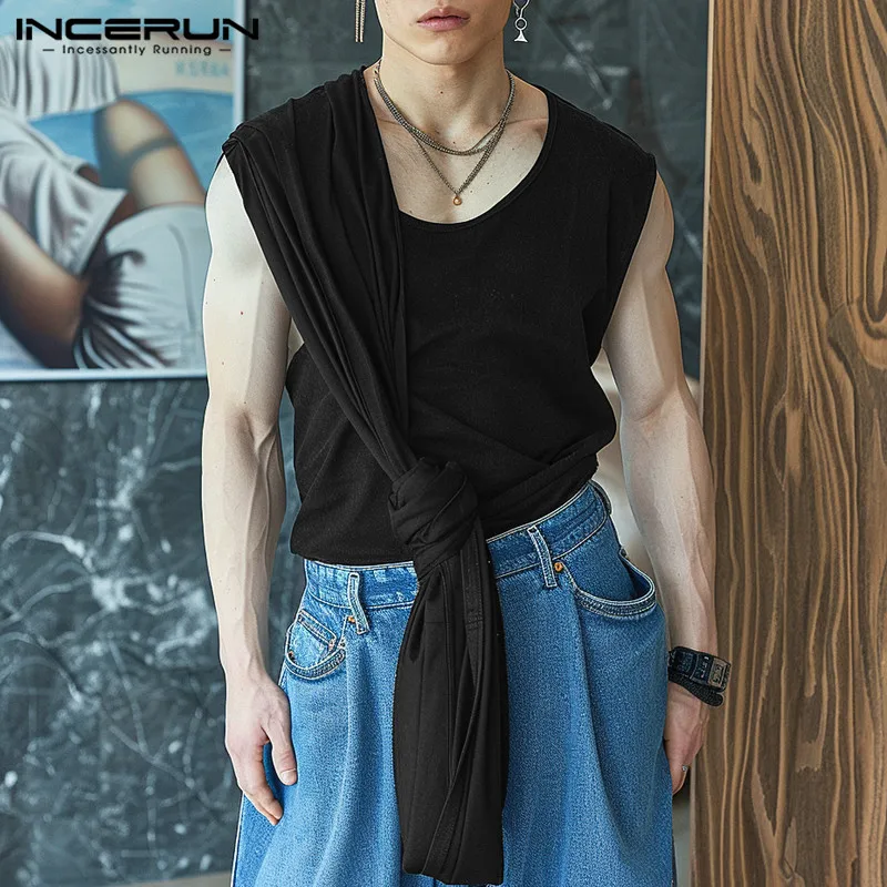 남성용 O넥 민소매 탱크 탑, 단색, 레이스업, 캐주얼 남성 조끼, 스트리트웨어, 2024 패션, 남성 의류, S-5XL INCERUN, 여름